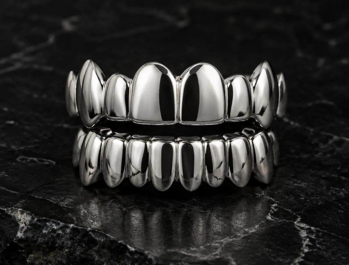 Juego completo de grillz de plata sólida .925 pulida a espejo, superior e inferior